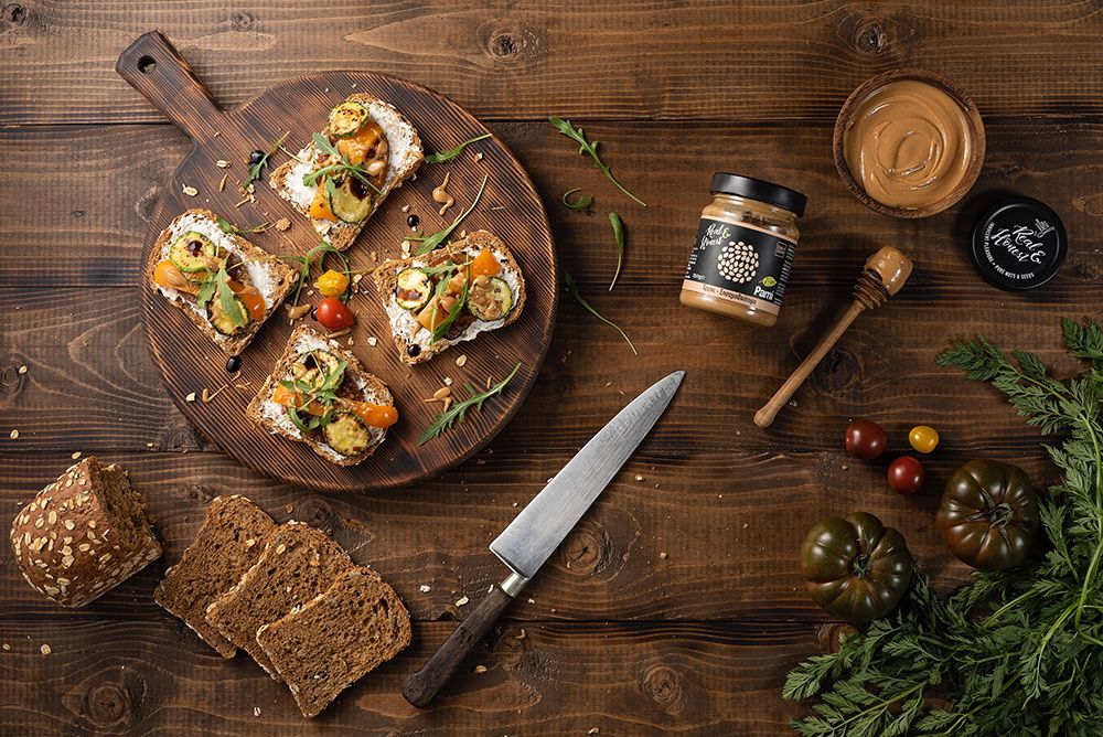 Bruschetta with vegetables herbs, Gruyère & tahini - Real n Honest